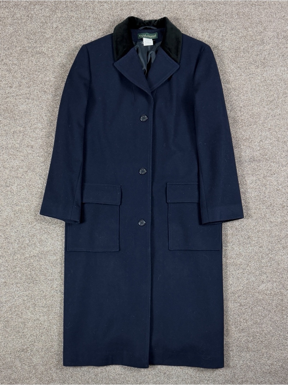 Vintage Harve Benard Navy Long Wool Coat Women’s 14 Winter Overcoat Velour Trim